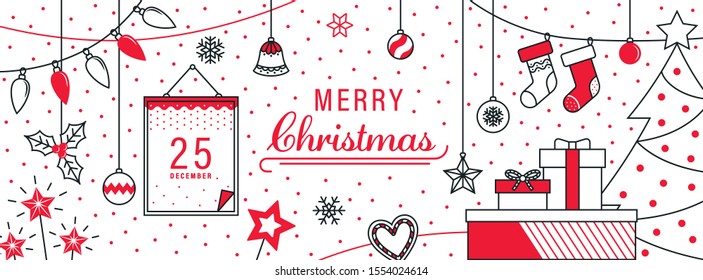 Merry Christmas. Winter Holiday greeting card with calligraphy text and vector icon design elements, usable as web and facebook banner, greeting card, gift package, vector illustration, in red color.