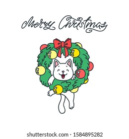 Merry Christmas. Winter holiday greeting. Hand drawn illustration of a cute white cat playing with a Christmas wreath. Vector 8 EPS.