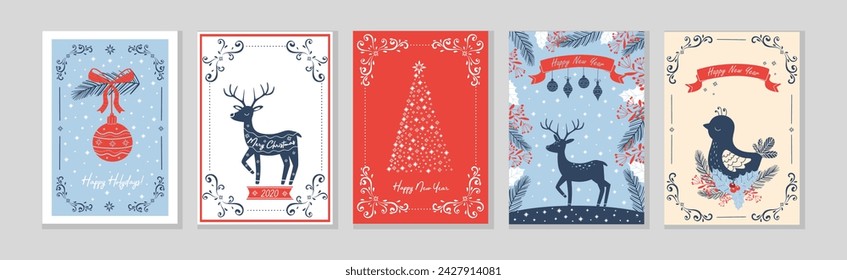 Merry Christmas and Winter Holiday Greeting Card Vector Template Set