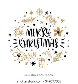 Merry Christmas. Winter Holiday greeting card with calligraphy. Hand drawn design elements. Handwritten modern lettering.