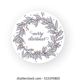 Merry Christmas. Winter Holiday greeting card with calligraphy. Hand drawn design elements. Handwritten modern lettering.