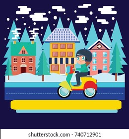Merry Christmas and winter holiday greeting card design with Winter city landscape and  Boy Riding scooter, motorcycle in flat vector illustration.
