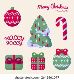 Merry Christmas winter holiday isolated element set with hanging balls, snow, pine, gift box, christmas candy cane. Happy New Year vector icon set.