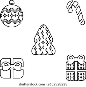 Feliz Natal feriado ícone isolado conjunto com bolas penduradas, neve, pinho, caixa de presente, cana de doces de Natal. Feliz Ano Novo preto contorno vetor elemento. 