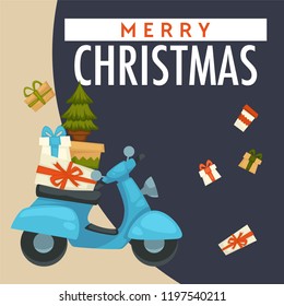 Merry Christmas winter holiday preparation, scooter with presents vector