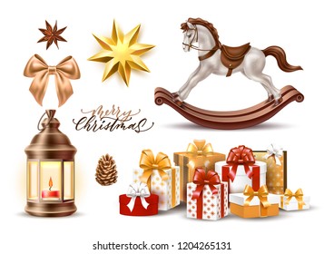 Merry christmas winter holiday realistic symbols set. Christmas tree star shape golden toy, rocking horse present boxes pile, vintage lantern with candle, pine cone, silk bow. Vector illustration