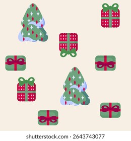 Merry Christmas winter holiday seamless pattern with christmas tree and gift box.. Happy New Year vector illustration. 