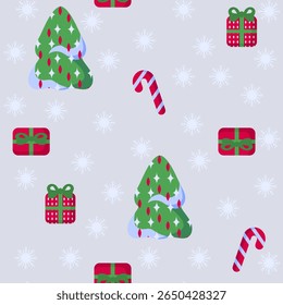 Merry Christmas winter holiday seamless pattern with christmas tree, snowflake and gift box, candy cane.. Happy New Year vector illustration.