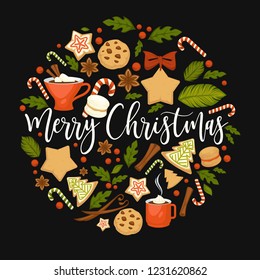 Merry Christmas winter holiday symbolic images in circle vector. Chocolate cookies, sweet candy lollipop, beverage hot drink in cup. Mistletoe plant leaf with berries cinnamon spices and biscuits