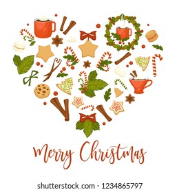 Merry Christmas winter holiday symbolic images in heart