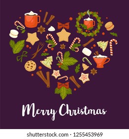 Merry Christmas winter holiday symbolic images in heart vector. Wreath and gingerbread cookies in form of pine and star. Cinnamon and chocolate, cup with hot beverage, coffee and candies mistletoe