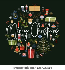 Merry Christmas winter holiday symbolic images in circle vector. Chocolate cookies, sweet candy lollipop, beverage hot drink in cup. Mistletoe plant leaf with berries cinnamon spices and biscuits