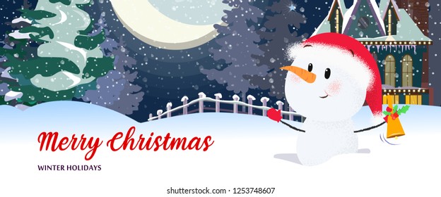 Merry Christmas and Winter Holidays bright leaflet design with snowman. Lettering with snowman holding bell with night snowy landscape. Can be used for postcards, invitations, greeting cards