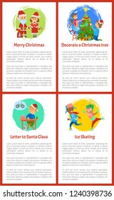 Merry Christmas winter holidays celebration people vector. Boy writing letter to Santa Claus, children skating on ice rink, father daughter with tree