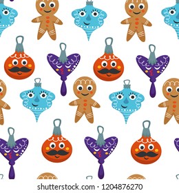 Merry Christmas, winter holidays cute symbolic characters vector seamless pattern.