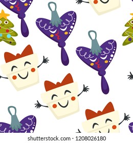 Merry Christmas, winter holidays cute symbolic characters vector seamless pattern.