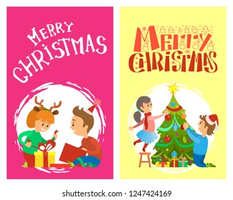 Merry Christmas winter holidays greeting card vector. Boy in Santa hat and girl decorating pine tree, open boxes with gifts on Xmas eve, vector children