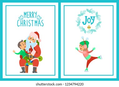 Merry Christmas winter holidays and joy wishes, Santa Claus and kid on knees vector. Boy child making wish to Saint Nicholas. Child skating on ice rink