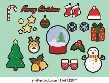 Merry christmas, winter holidays. Vector illustrations and objects of Christmas Festival symbols christmas trees, reindeer, snowflakes, snowmen, candies, stars etc on green backgrounds.