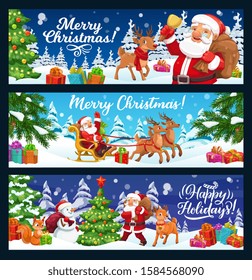 Merry Christmas, winter holidays vector banners with Santa and gifts bag on reindeer sleigh. Christmas greeting calligraphy and cartoon forest animals decorating Xmas tree with lights and balls