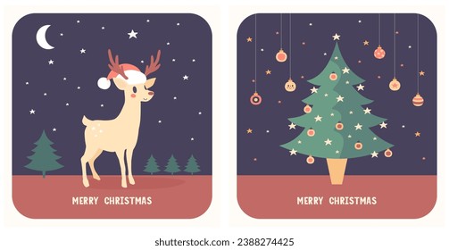 Merry Christmas. Winter Holidays Vector Retro Cards with Cute Happy Reindeer, Christmas Tree, Baubles and Stars. Hand Drawn Little Deer on a Dark Blue Background. Lovely Christmas Print. Rgb.