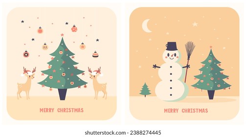 Merry Christmas. Winter Holidays Vector Retro Cards with Cute Happy Reindeers, Christmas Tree, Snowman and Stars. Hand Drawn Little Deers on a Beige and Yellow Background. Lovely Christmas Print. Rgb.