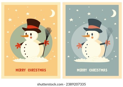 Merry Christmas. Winter Holidays Vector Retro Cards with Cute Happy  Snowman. Hand Drawn Funny Snowman in a Round Frame on a Mind Blue and Yellow Background. Lovely Christmas Print. Pale Rgb Colors.