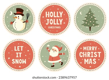 Merry Christmas. Winter Holidays Vector Retro Tags with Cute Happy Santa Claus, Christmas Tree, Snowman and Stars on a Green and Red Background. Holly Jolly. Let it Snow. Christmas Toppers. Rgb.
