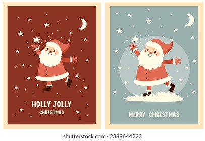Feliz Navidad. Vector de tarjetas retro de vacaciones de invierno con Santa Claus feliz. La mano dibujó un divertido Santa en un marco redondo sobre un fondo azul pálido y rojo oscuro. Bonita Impresión navideña. Colores Rgb.