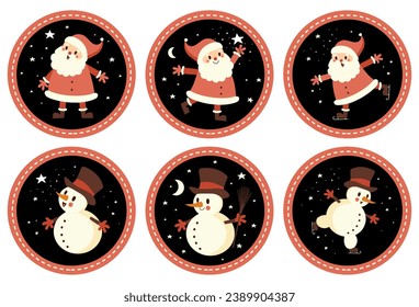 Merry Christmas. Winter Holidays Vector Tags with Cute Happy Santa Claus and Skating Snowman on a Black Background. Holly Jolly. Retro Cartoon Christmas Print ideal for Toppers, Stickers . Rgb. 