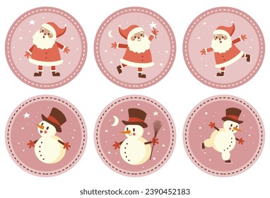 Feliz Navidad. Etiquetas vectoras de vacaciones de invierno con Santa Claus feliz y hombre de nieve patinando en un fondo rosa claro. Holly Jolly. Impresión navideña de dibujos retro ideal para toppers, adhesivos. Rgb. 