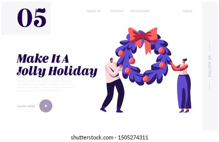 Merry Christmas Winter Holidays Website Landing Page. Happy Characters Holding Festive Xmas Fir-Tree Wreath Wrapped with Red Bow Decorated with Balls Web Page Banner. Cartoon Flat Vector Illustration