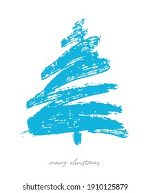 Merry Christmas. Winter Holidyas Vector Card with Blue Abstract Hand Drawn Pine Tree Isolated on a White Background. Modern Christams Wishes.