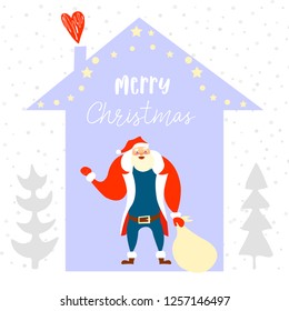 Merry Christmas winter illustration, Santa Claus with a bag of gifts on the background of the house with decorations and a heart. Can be used for gift shop, postcard, poster, cover, web.