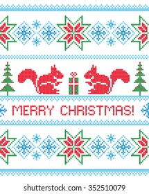 Merry Christmas! Winter knitted seamless pattern with squirrels. Christmas ornament. Scandinavian style. Vector.