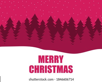 Merry Christmas. Winter landscape with fir trees and falling snow, winter holiday evening. Christmas greeting card design. Vector illustration