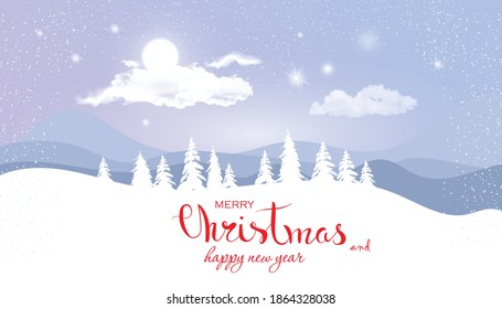 Merry Christmas winter landscape. Night vector background with snowflakes, stars, moon. Typography vector design for greeting cards.