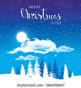 Merry Christmas winter landscape. Night vector background with snowflakes, stars, moon. Typography vector design for greeting cards.