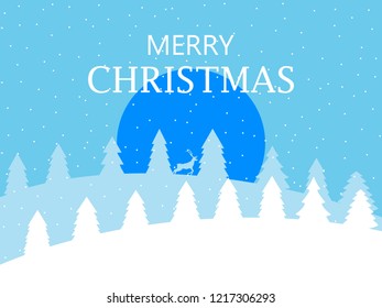 Merry Christmas. Winter landscape with snowflakes and Christmas trees. Deer in the forest. Xmas background. Vector illustration