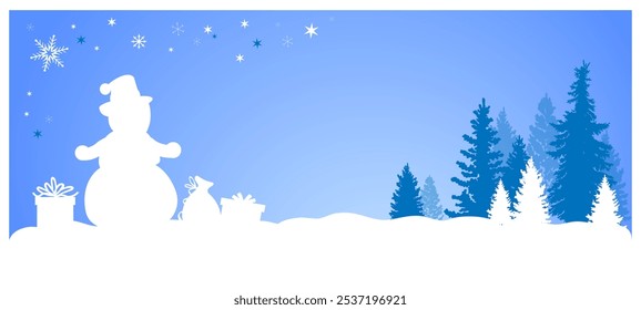 Merry Christmas. Winter christmas landscape with snowman, trees, snowflakes silhouettes on blue background. Vector illustration.	
