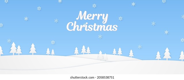 Merry Christmas, winter landscape with trees on hill and snowflake falling in paper art style