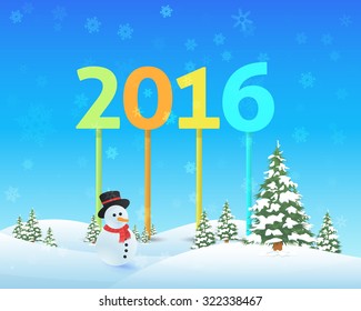 Merry Christmas and Winter Landscape Vector Design, Stylish Text 2016 