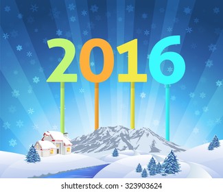 Merry Christmas and Winter Landscape Vector Design, Stylish Text 2016 