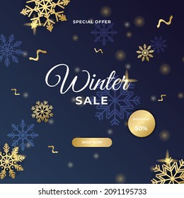 Merry Christmas winter new year sale cards with frame and golden decorations. Trendy abstract square Winter Holidays art template for social media post, mobile apps, banner design