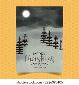 Merry Christmas winter night natural theme with digital watercolor art. The winter smooth Christmas trees, falling snow greeting card is a printable Christmas card, Fully customizable