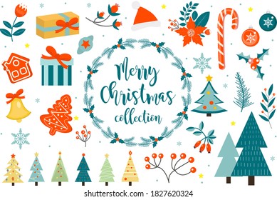 Merry christmas winter objects set. Collection of design elements with holly, poinsettia, fir branch, pine, bell, gifts, santa hat. Vector illustration, clip art