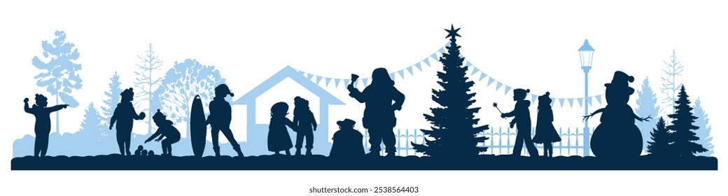 Merry Christmas. Winter panorama. Family silhouettes, children playing winter games outdoor. Vector illustration.	
