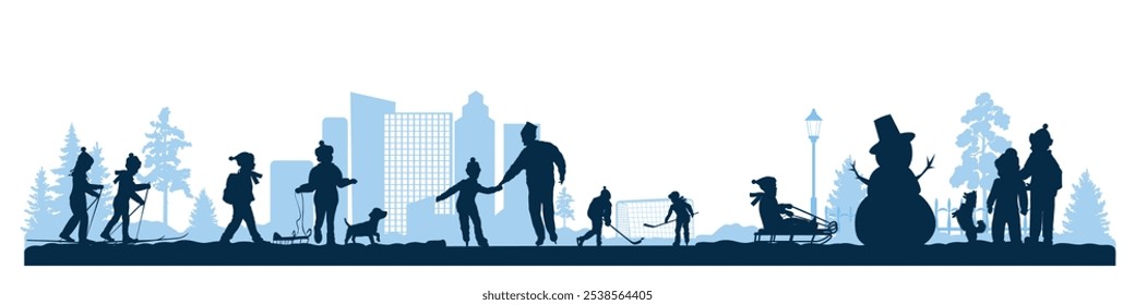 Merry Christmas. Winter panorama. Family silhouettes, children playing winter games outdoor.   Vector illustration.	
