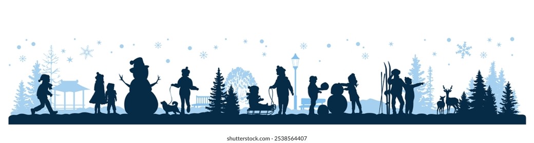 Felices Navidades. Panorama de invierno. Siluetas familiares, niños jugando juegos de invierno al aire libre.   Ilustración vectorial.	
