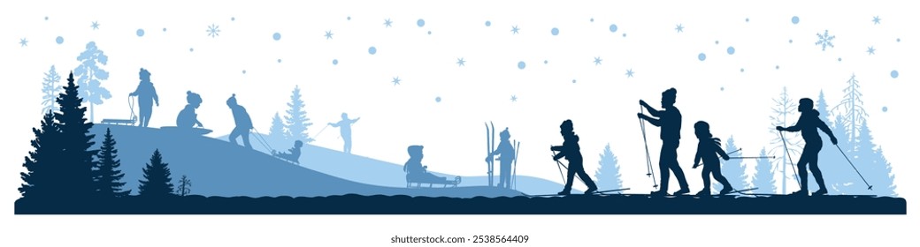 Felices Navidades. Panorama de invierno. Siluetas familiares, niños jugando juegos de invierno al aire libre. Ilustración vectorial.	
